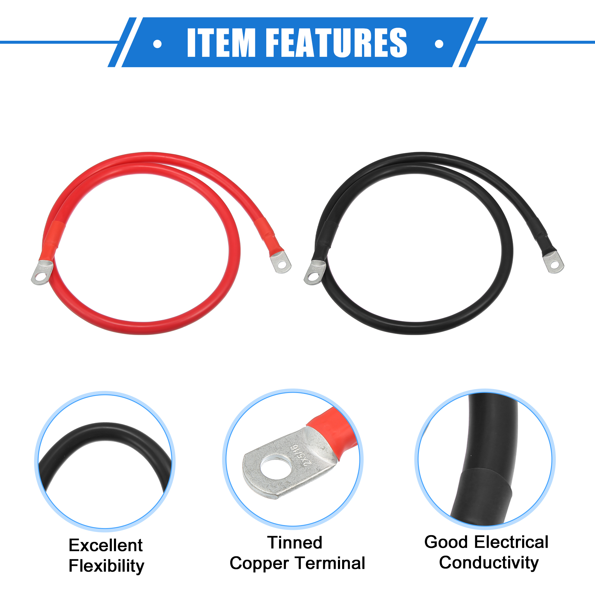 Unique Bargains 1 Pair 2 AWG Gauge 3ft Battery Inverter Cable with 3/8" 5/16" Ring Universal for Car Vehicle Black Red