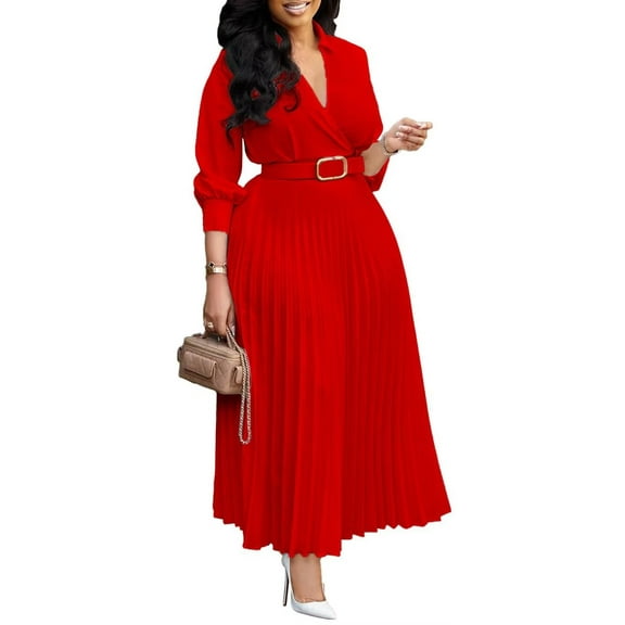Women's Fall Midi Dress Long Puff Sleeve Flowy Ruffle Pleated Casual Dresses