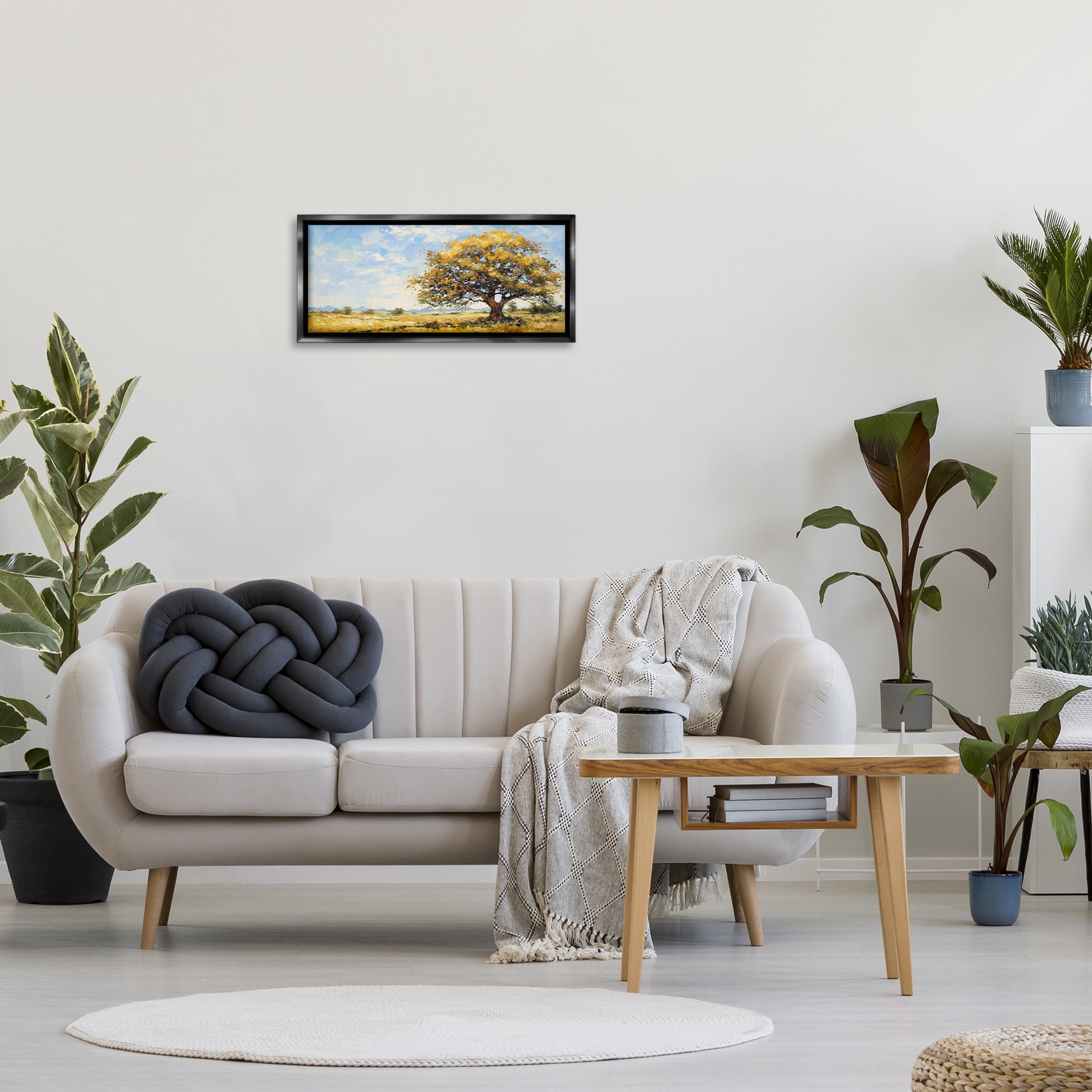 Stupell Industries Sycamore Tree in Field Landscape Painting Black Floater Framed Canvas Art Print Wall Art, 25 x 11