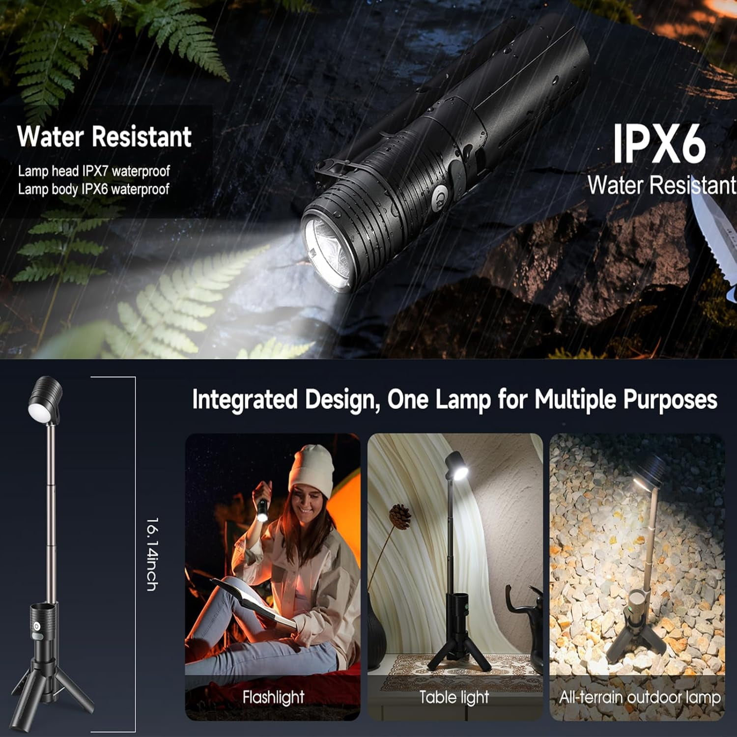 Flashlight Camping Light 2in-1, 180°Flip Double Lamp 8-Mode Rechargeable LED Bright Flash Light Camp Lantern Reading Light Waterproof 4500mAh for Outdoor Home Emergency, Gift for Men Women