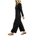 thumbnail image 5 of TEAJOPSUU Womens Waffle Knit Jumpsuit Long Sleeve Button Henley Neck Wide Leg Long Romper with Pockets Casual Loungewear Black, 5 of 7