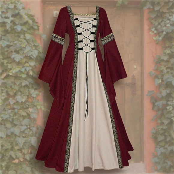 Gothic Retro Court Style Dress for Women Solid Color Square Long Sleeve Flared Sleeve Lace Up Fashion Apparel