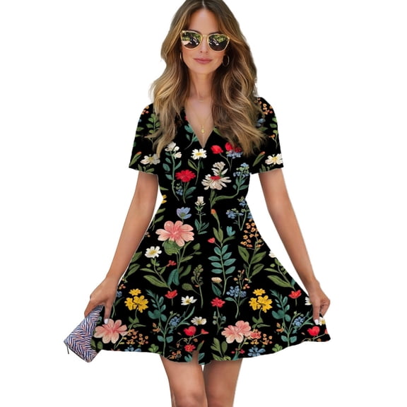 Dark Floral Embroidered Repeat Pattern Women Dress V-Neck Short Sleeve Flowy Swing Party Midi Dress