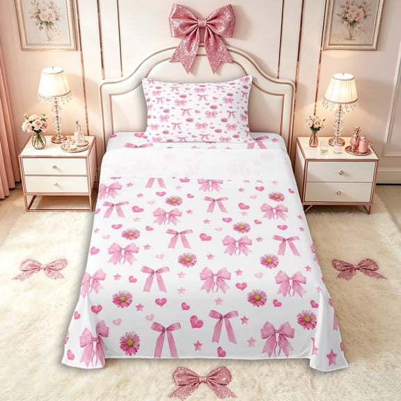 Manfei Teens Cartoon Bowknot Love Heart Print Twin Sheet Sets 3pcs,Girls Spring Garden Flowers Daisy Bedding,Breathable Home Decor