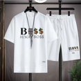 thumbnail image 2 of Conjunto deportivo informal de marca de moda de verano para hombre con pantalones cortos holgados de manga corta y cuello redondo, conjunto de dos piezas con diseño de gofre, conjunto de versión corea, 2 of 5