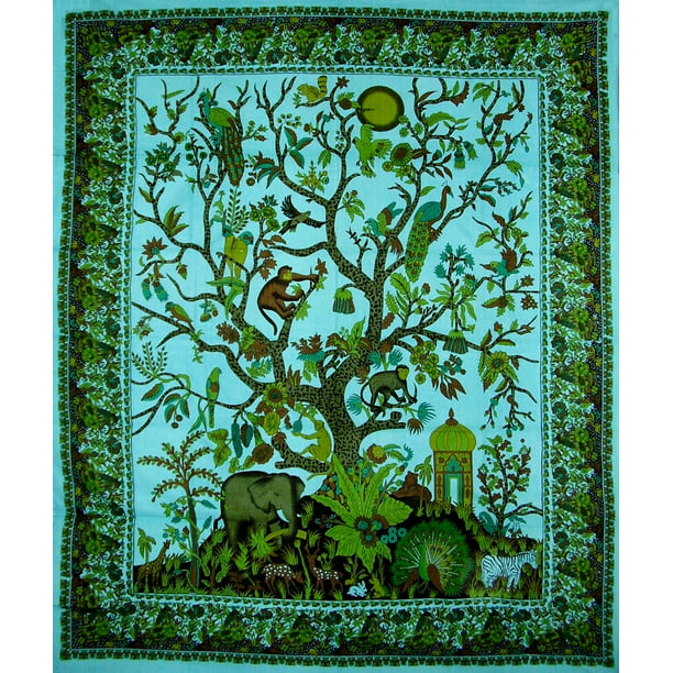 Tree of Life Tapestry Cotton Bedspread 108" x 88" Full-Queen Turquoise