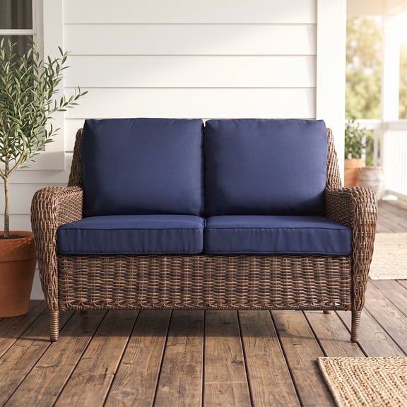 Krikacy Wicker Patio Loveseat, All-Weather HDPE Frame Hand-Woven Rattan w/Thick Cushions, Navy Blue