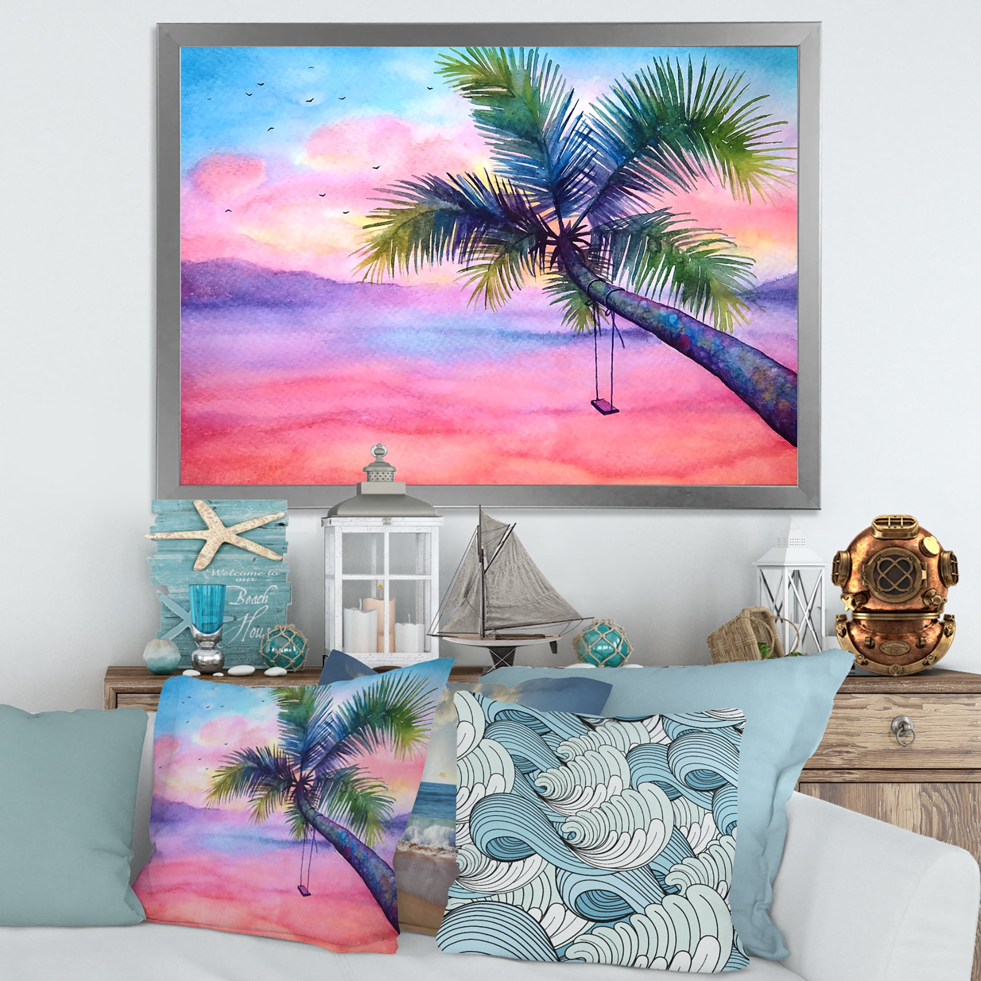 Designart 'Vivid Sunset Landscape With Swing and Palm' Nautical & Coastal Framed Art Print