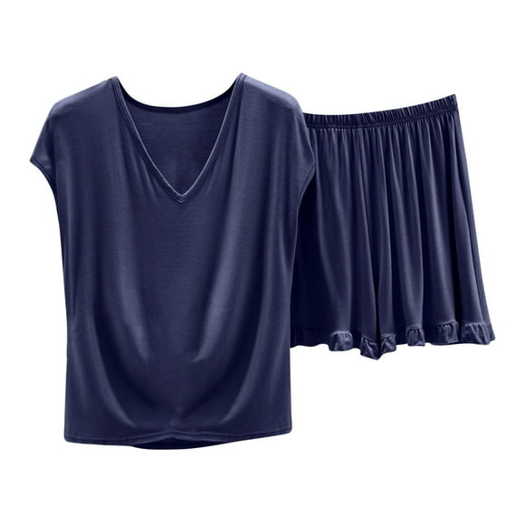 Timegard Summer Outfits for Women Lightweight Soft Loungewear V Neck Shorts Loose Solid Color Pjs Sets