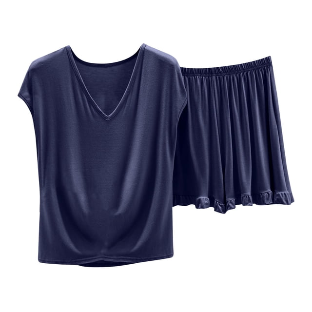 Timegard Summer Outfits for Women Lightweight Soft Loungewear V Neck Shorts Loose Solid Color Pjs Sets