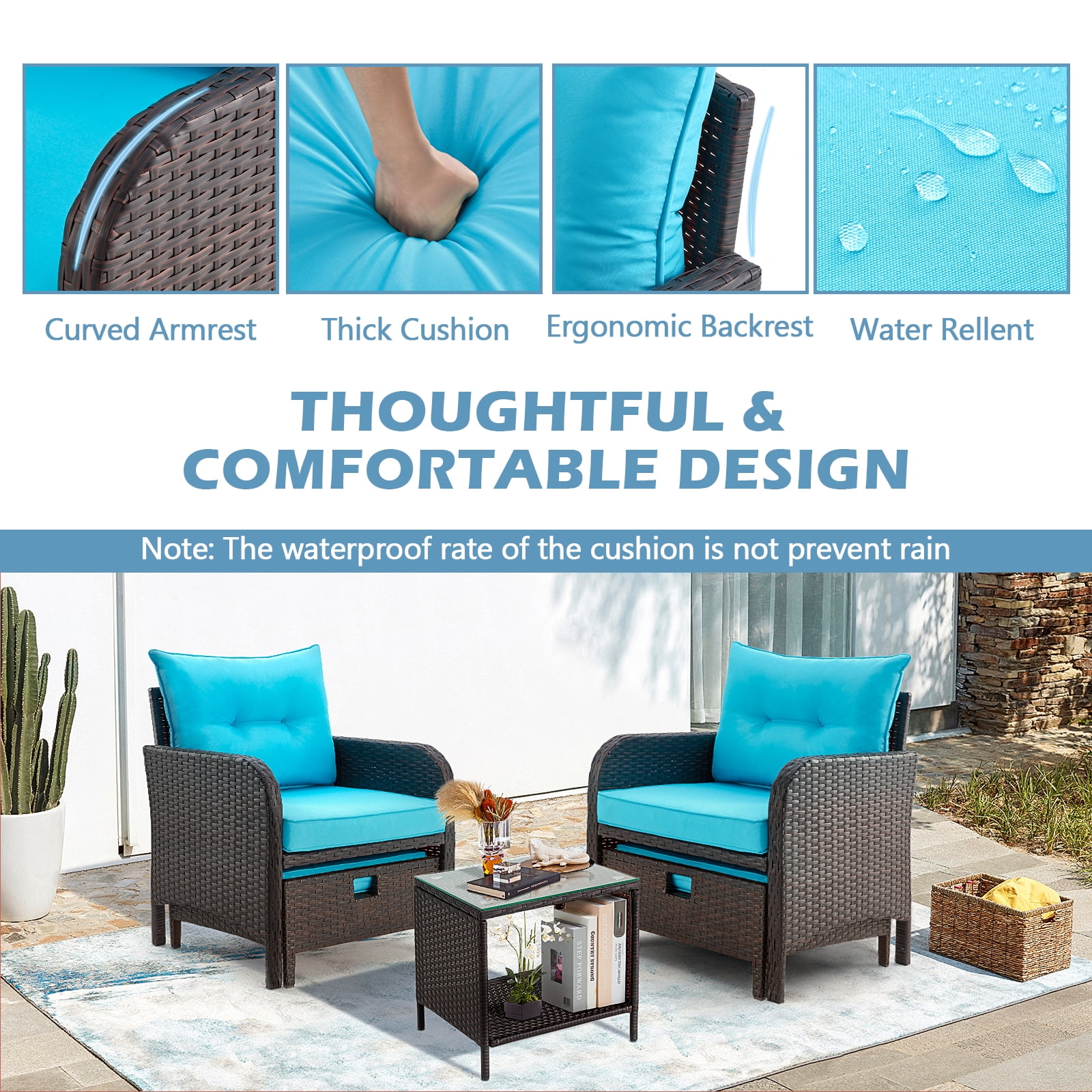 AVAWING 5 Pieces Patio Furniture Set, Outdoor Wicker Rattan Conversation Set with Ottoman & Table for Garden, Blue