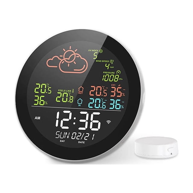 Tuya Wifi Multi-function Home/Office Weather Station Color Digital Display Clock Indoor and Outdoor Temperature Tester Hygrometer Weather Forecast Desk Clock Compatible with Smart Life
