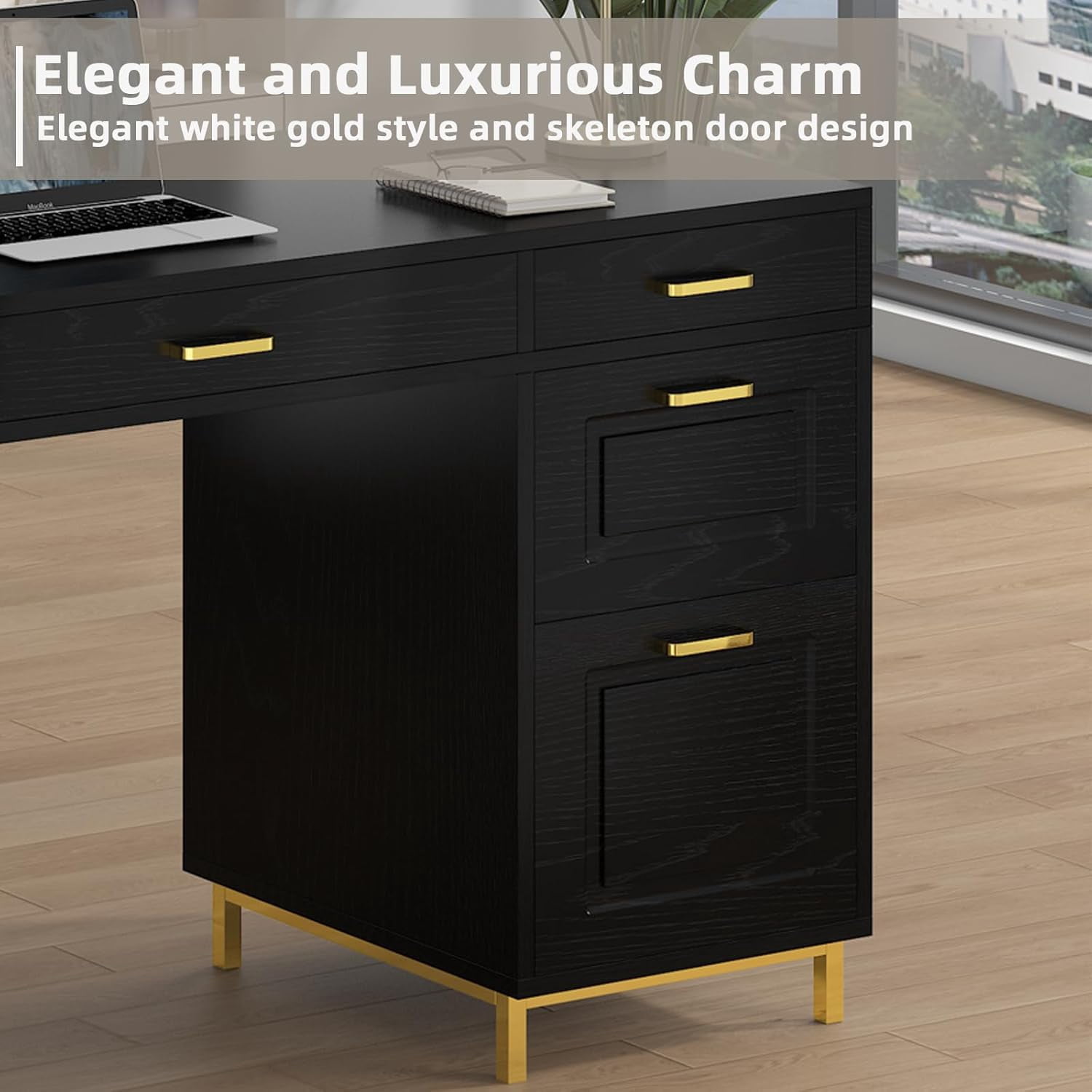 DreamCurship 57" Computer Desk with Storage, Black and Gold with 7 Drawers, Executive Desk with File Drawers, Home Office Desk for Home Office, White and Gold