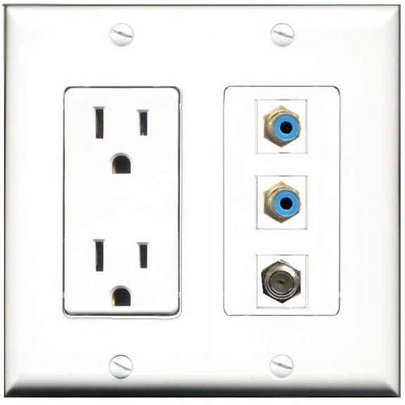 RiteAV - 15 Amp Power Outlet 2 Port RCA Blue 1 Port Coax Decorative Wall Plate