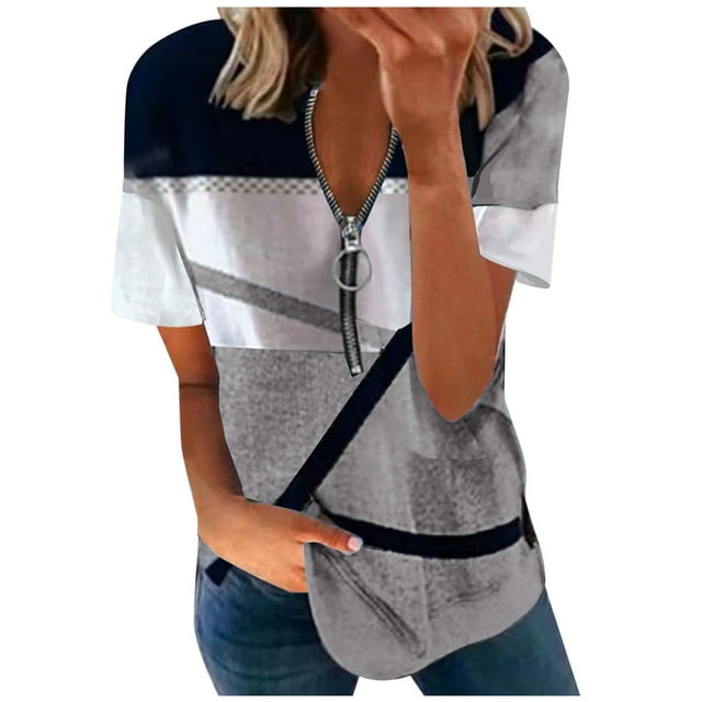 Birdeem Mode Femmes Été Col en V Manches Courtes Imprimé Fermeture Éclair T-Shirt Blouse Décontractée