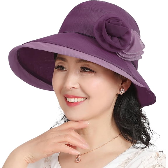Kukuzhu Womens Kentucky Derby Church Hat Summer Foldable Floral Bucket Sun Hat Organza Cloche Bowler Hat Tea Party Wedding Dresses
