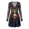 thumbnail image 3 of Xijirk Women Halloween Skull Skeleton Rose Print Dress with V Neck Long Flare Sleeve Fit and Flare Mini Dress for Witch Cosplay Halloween Party, 3 of 4