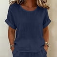 thumbnail image 7 of Gamivast 2 Piece Summer Outfits for Women Casual Linen Textured Short Sleeve Top and Drawstring Shorts Set Loose Fit Matching Lounge Sweatsuits Vacation Streetwear Pajamas Navy XXXL, 7 of 7