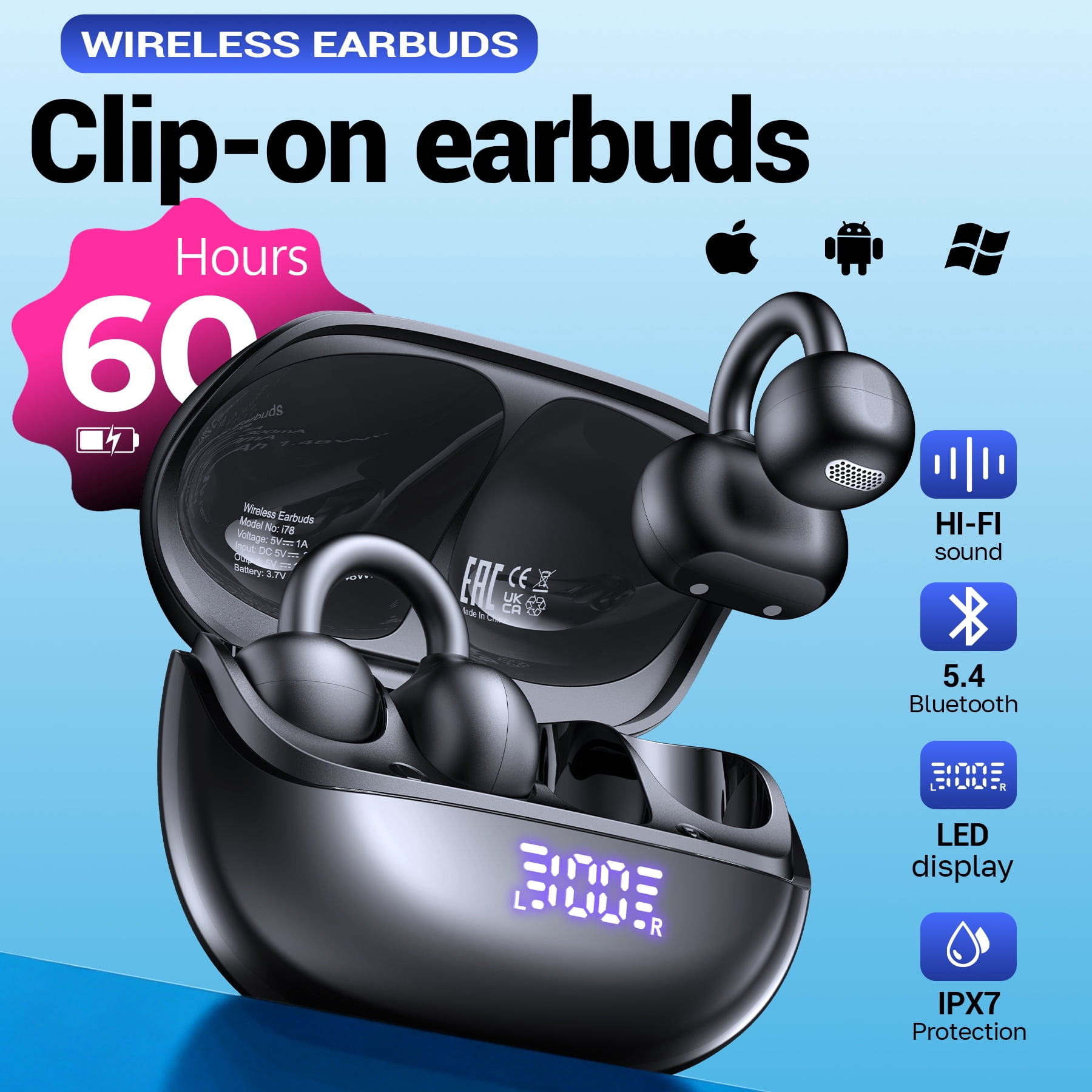 Open Ear Earbuds, Wireless Earbuds, Air Conduction Headphones Bluetooth 5.4,Clip on Headphones with Mic 60H Playtime,Light Weight, ENC Clear Calls, 3D Soundstage,IPX7 Waterproof for Running/Workout