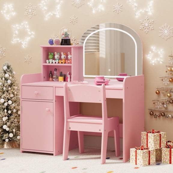 Asofer Kids Vanity, Princess Makeup Desk and Chair Set with Mirror, 2 Tier Open Shelves Drawer and Cabinet, Pretend Play Vanity Set for Toddler Girls
