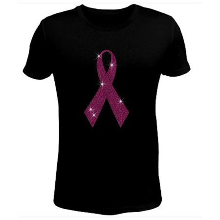 - Rhinestone Womens T Shirt Breast Cancer Pink Ribbon JRW-090 - S / Womens Long Sleeve Crewneck T-Shirt
