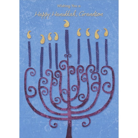 Designer Greetings Menorah with Curling Pink Branches, Purple Candles and Sparkling Flames Hanukkah Card for Grandson