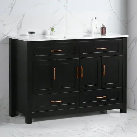 48" Black Bathroom Vanity with Sink, Solid Wood Cabinet, 4 Doors & 4 Drawers, Soft Close, Modern Storage Vanity Combo