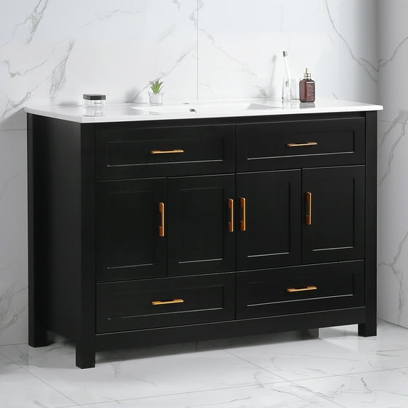 48" Black Bathroom Vanity with Sink, Solid Wood Cabinet, 4 Doors & 4 Drawers, Soft Close, Modern Storage Vanity Combo