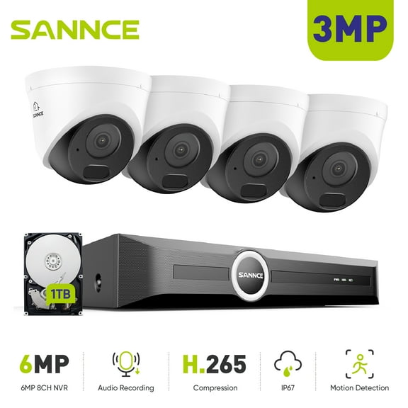 SANNCE 6MP 8CH PoE Security Camera System,S 265 NVR Recorder,4Pcs 3MP Wired PoE Security Cameras,AI Human/Vehicle Detection,100Ft Color Night Vision,1TB HDD