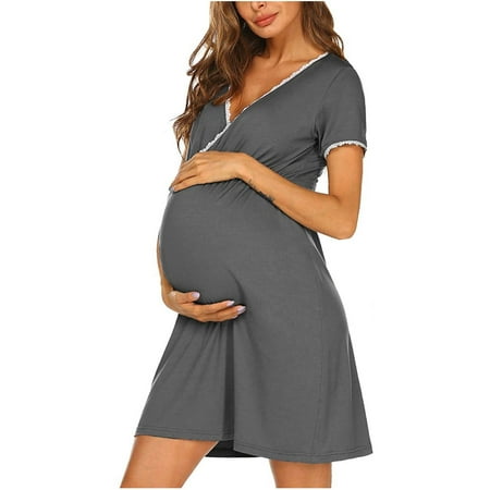 

asdoklhq Maternity Clothes for Women Clearance Woman Solid Short Sleeve Breast-Feeding Pregnant Maternity Nursing Dress
