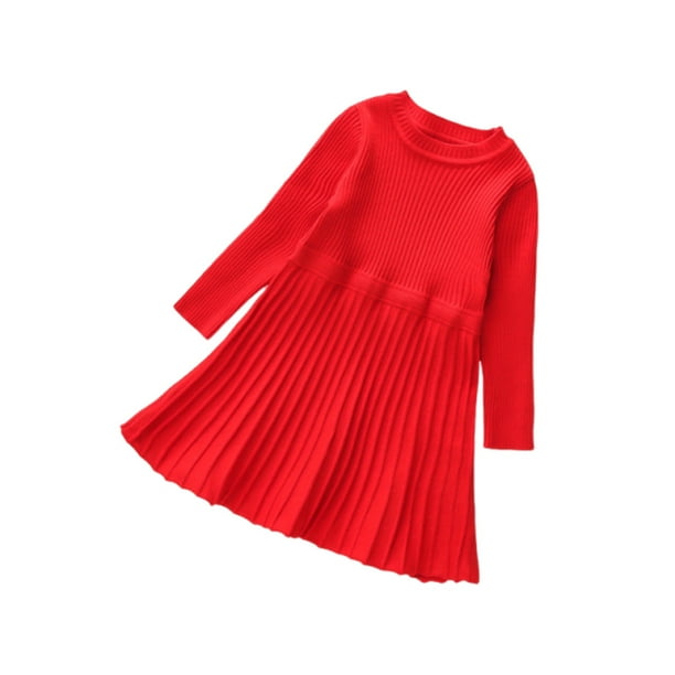 Odeerbi Niñas Suéter Plisado Vestido Punto Princesa Niños Color Sólido Cuello Redondo Vestido Manga Larga