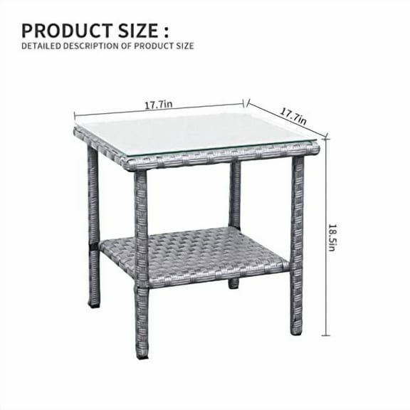 Outdoor Wicker Glass Top Side Table - Patio Rattan Square End Table with Storage, Grey