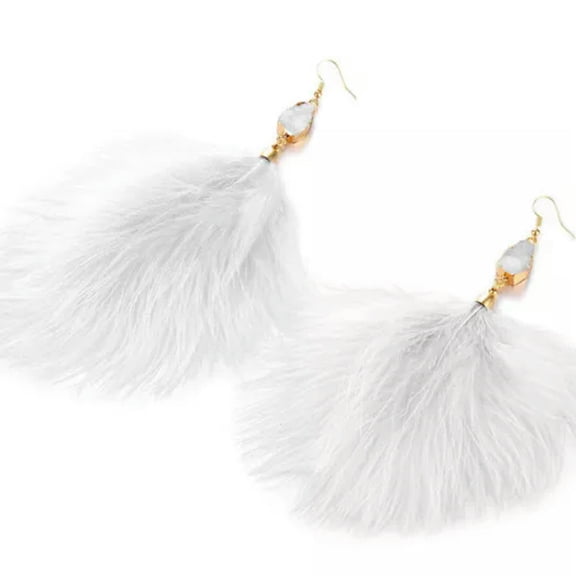 HOOUN Bohemian Ostrich Feather Earrings Long Tassel Dangle Drop Earring Womens Jewelry-White