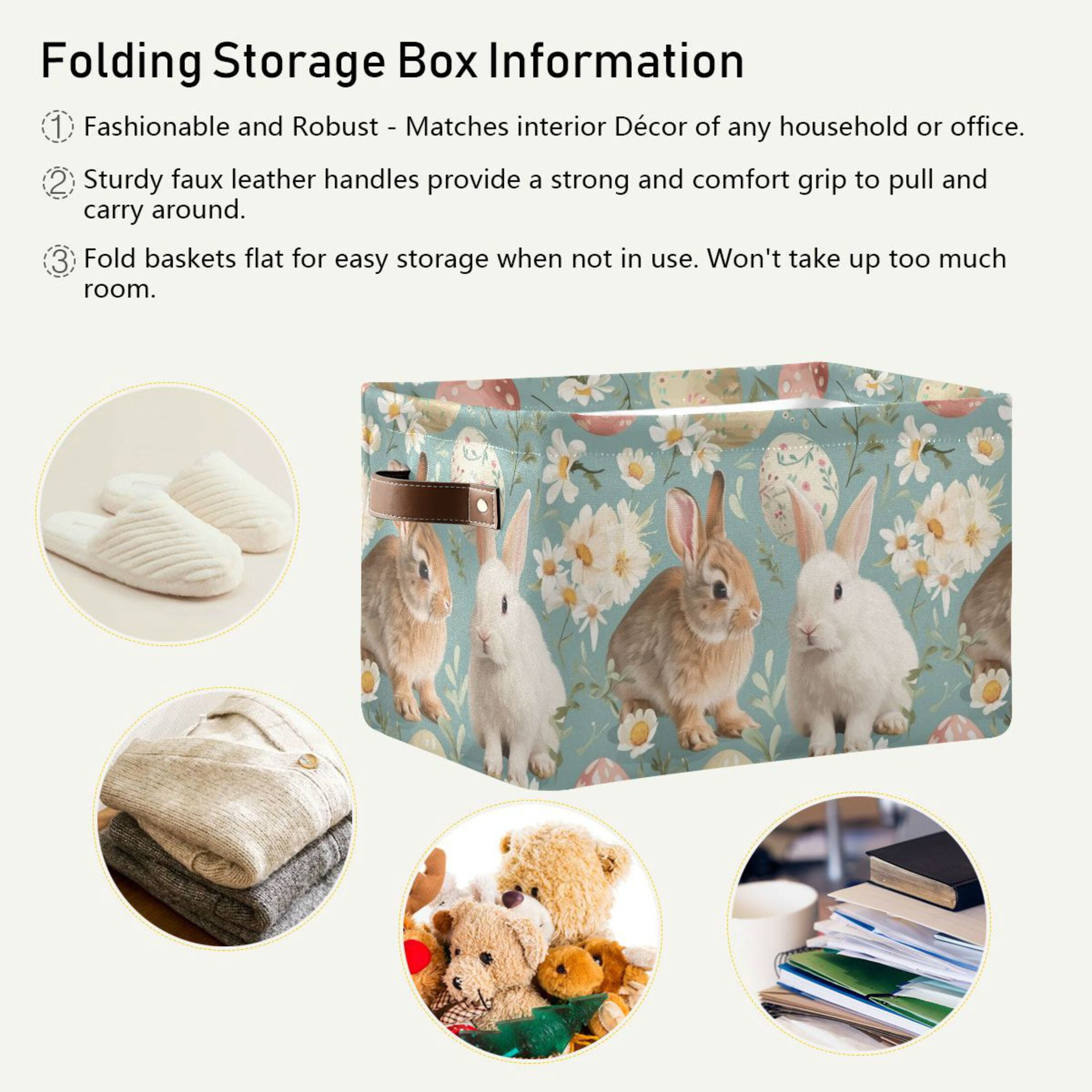 Easter Rabbit Eggs Flower Storage Bins with Handle Fabric Organizer Basket Foldable Box 2 Pack 14.2x10.2x8.3
