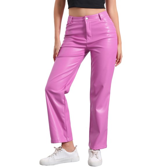 Pantalones de cuero sintético DARING DIVA para mujer, de cintura alta, pierna recta, estilo punk, PU, color rosa