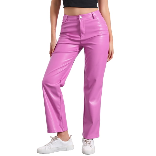 Pantalones de cuero sintético DARING DIVA para mujer, de cintura alta, pierna recta, estilo punk, PU, color rosa
