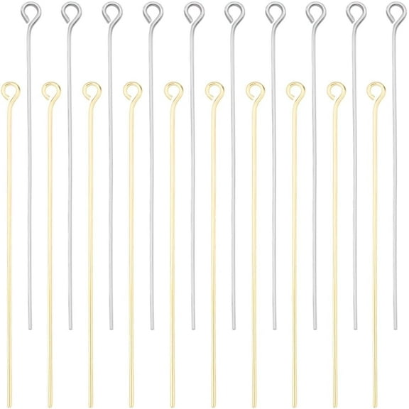 100Pcs 50mm Eye Pins 18K Gold & 925 Sterling Silver Plated Brass Flat Head Bendable Eye Pins for Jewelry Making Beading DIY Crafts Findings Supplies