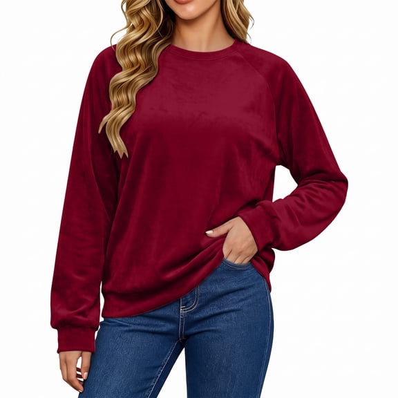 Ixbnca Velour Sweatshirt for Women Loose Round Neck Solid Color Tops Casual Long Sleeve Pullover Sweatshirt
