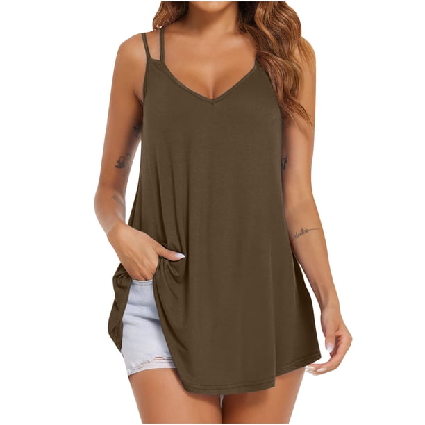 Tops Casuales sin Mangas para las Mujeres de la Moda Color Sólido Cuello en V Cómodo Suelto Camiseta sin Mangas Blusa