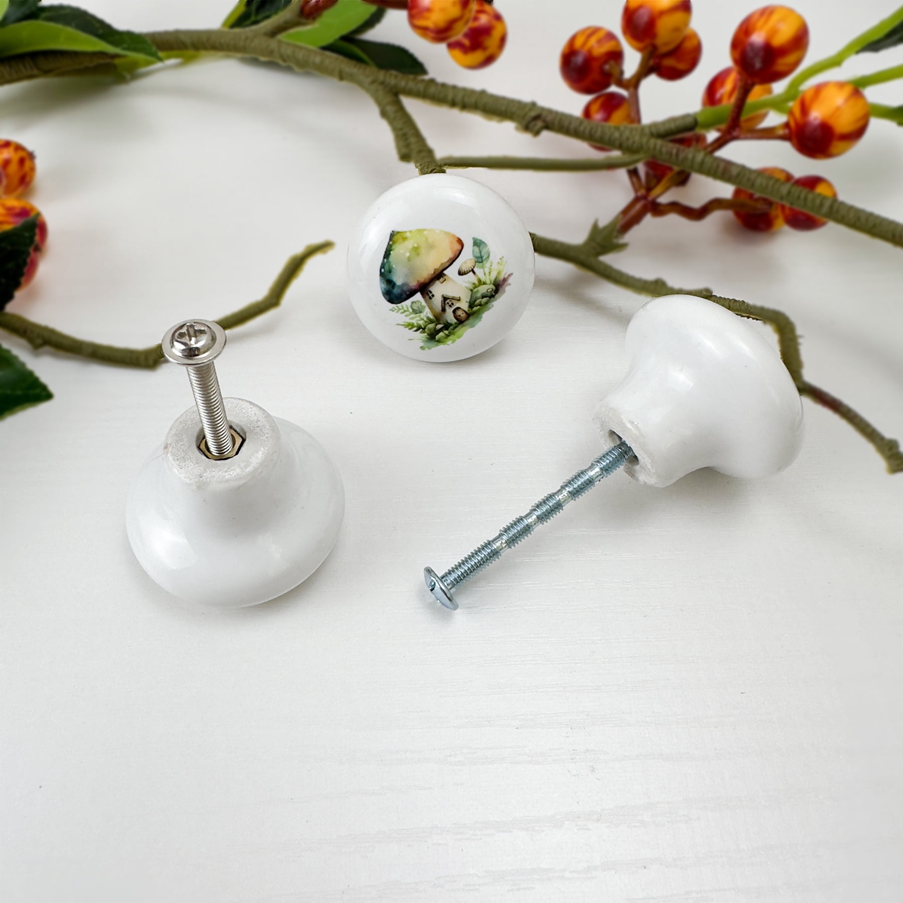 Jamjam  Mushroom Plant Ceramic Cabinet Knob 8Pack Nursery Vintage Unique Dresser Drawer Handles Furniture Hardware Pulls and Knobs 1.5 X 1.5 Inches