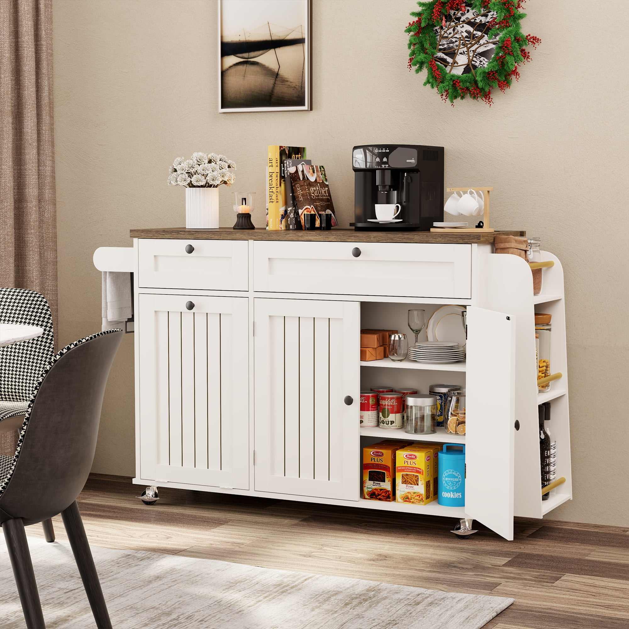 Multifunctional Kitchen Island Cart with Electrical Outlet, Drawers & Wheels – Mobile Storage & Prep Station for Small Spaces, Brown & White