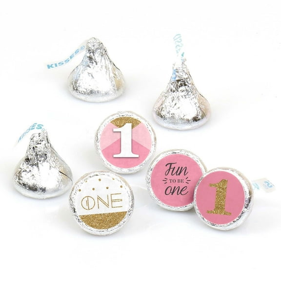 Big Dot of Happiness 1st Birthday Girl Fun to be One - First Birthday Party Round Candy Sticker Favors - Labels Fits Chocolate Candy (1 sheet of 108)