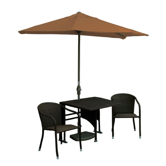 Blue Star Group Terrace Mates Daniella All-Weather Wicker Java Color Table Set w/ 7.5'-Wide OFF-THE-WALL BRELLA - Teak Sunbrella Canopy