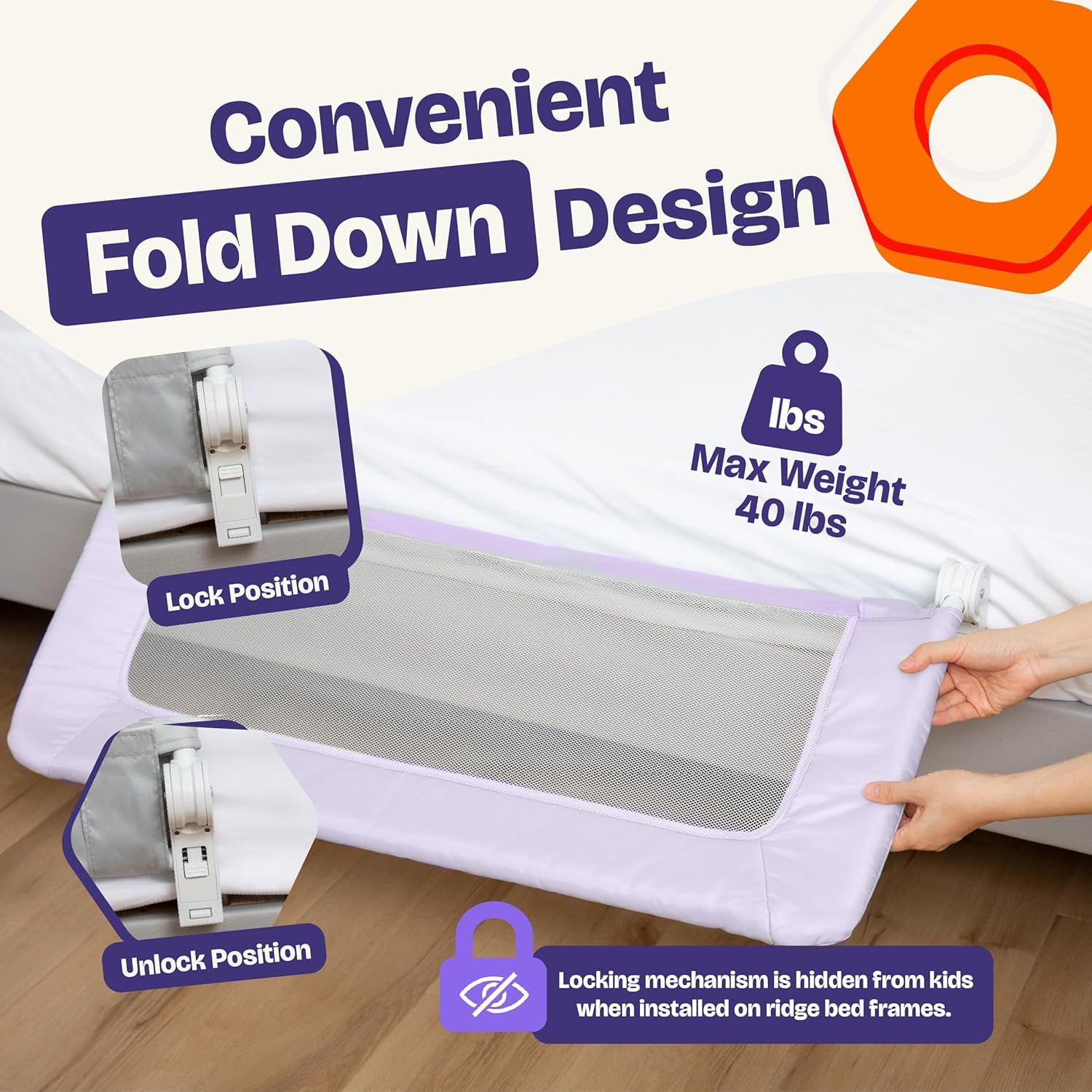 ComfyBumpy Toddler Bed Rail Guard, 35.5" x 19.5" Regular Swing Down Rail for Kids Beds, Purple, 1 pack