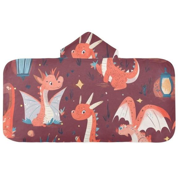 Red Cute Dragon Hooded Beach Towel Kids Bath Towels Quick Dry for Pool Swiming 50" x 23.5" Microfiber Soft Bathrobe