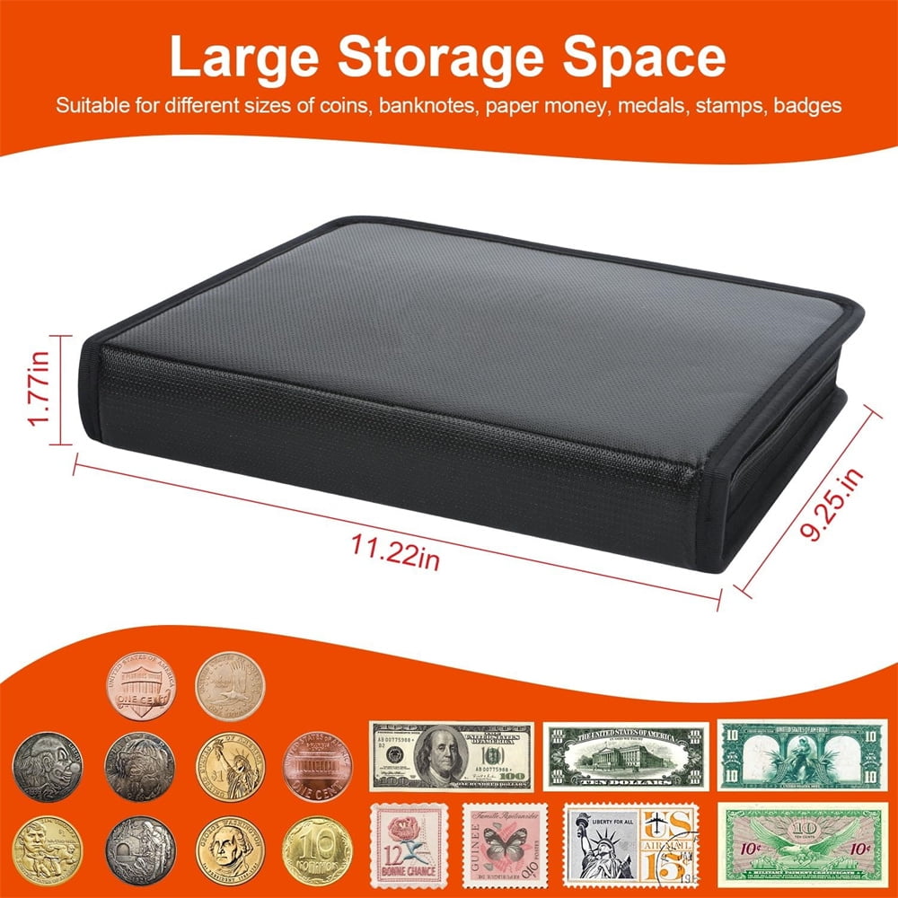 NOGIS Fireproof Coin Collection Book Holder for Collectors,360 Pockets Coins Collecting Album & 36 Sleeves Currency Storage Case for Coin Collection Supplies,Bill,Pennies, Quarters,Stamp