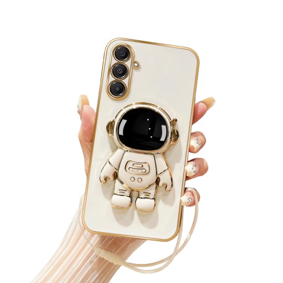 Annyojo for Galaxy A16 Phone Case with 6D Astronaut Hidden Stand Holder Case Cover for Samsung A16 5g Case with Lanyard Strap Soft Silicone Shockproof Kickstand Cover Bumper - White
