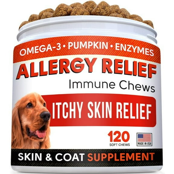 StrellaLab Dog Allergy Relief & Anti Itch Support Chews w/Omega 3: Real Ingredients, Real Taste! Skin & Coat Immune Supplement w/Fish Oil, Pumpkin & Enzymes — Developed by Experts - Made in USA -120Ct