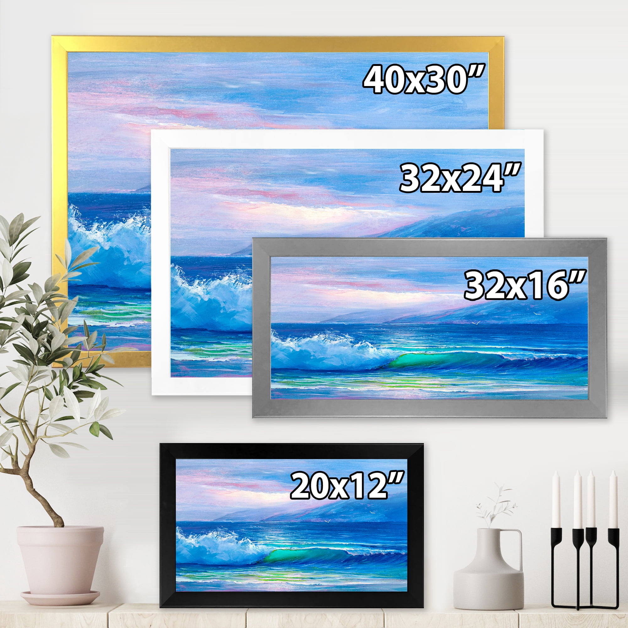 Designart 'Blue Waves Breaking At The Beach Landscape II' Nautical & Coastal Framed Art Print