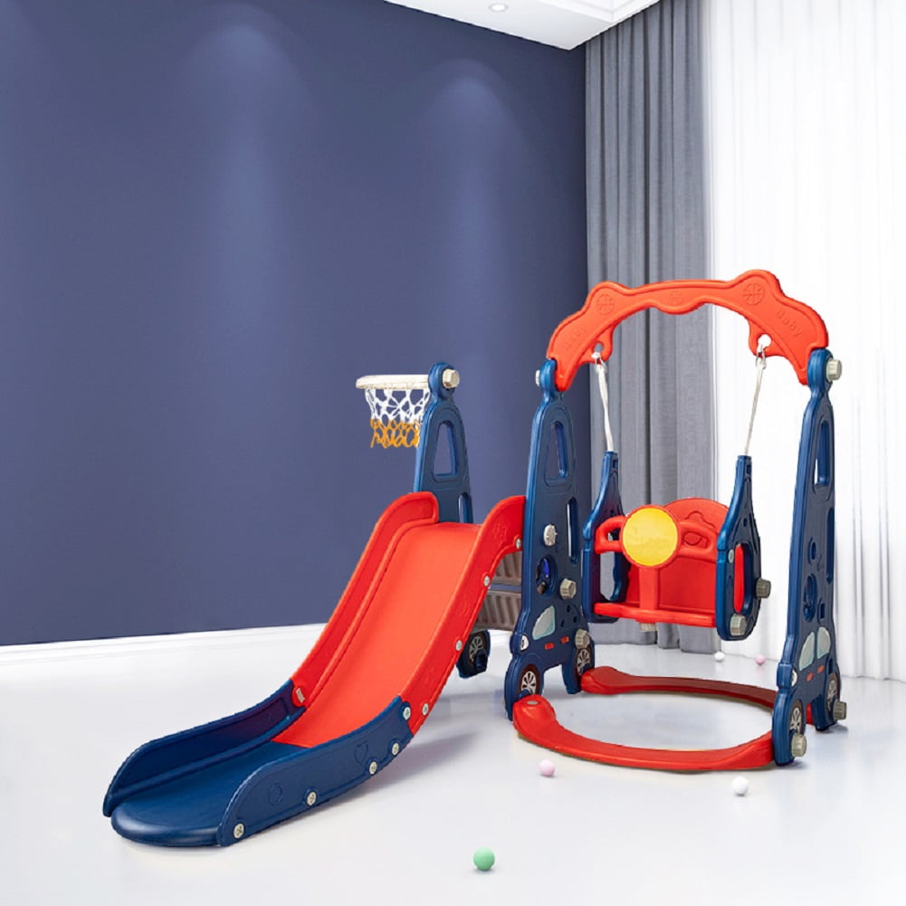 Kepooman 3 in 1 Toddler Slide, Swing Set with Basketball Hoop for Boy and Girl, Red Blue Kepooman 3 in 1 Toddler Slide, Swing Set with Basketball Hoop for Boy and Girl, Red Blue